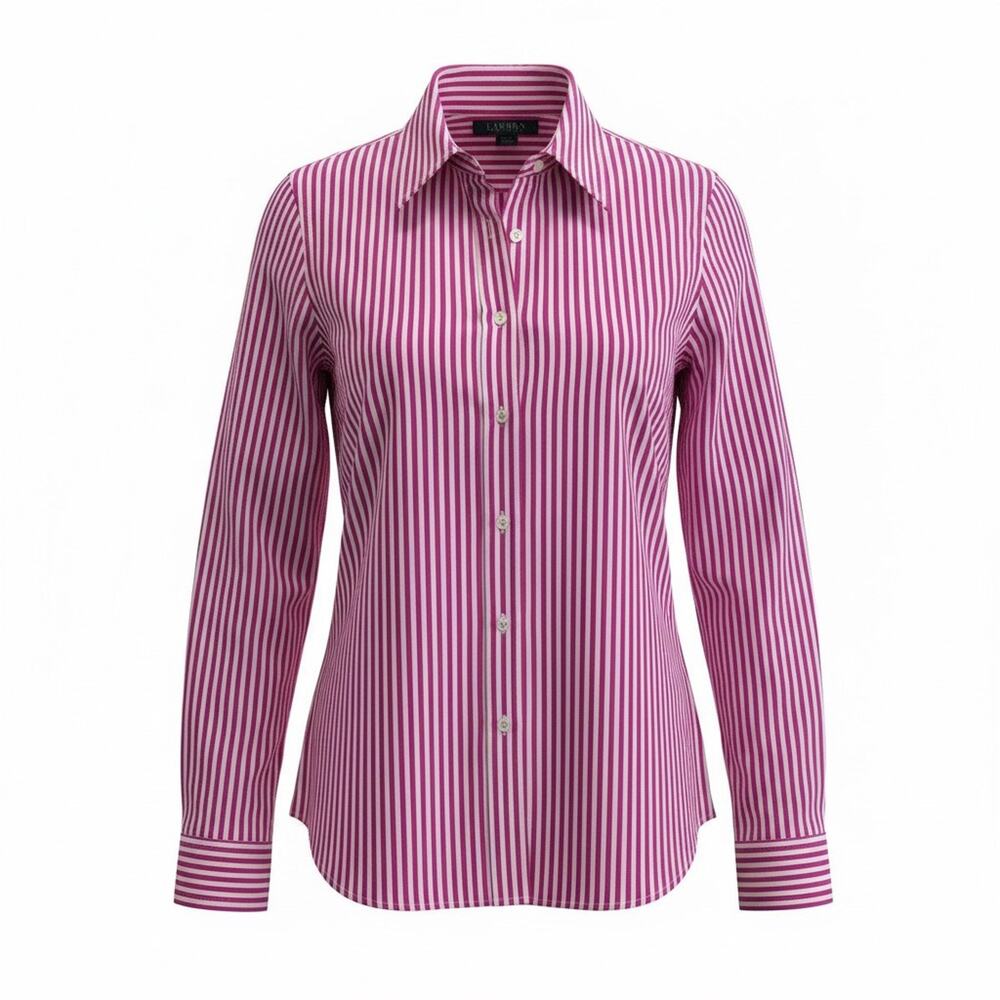 Lauren Ralph Medium Purple White Stripe Long Sleeve Pockets Collar Preppy Button